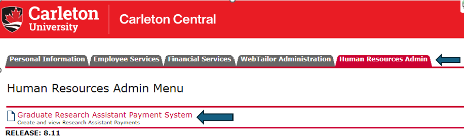 Grad Login Image - Click Human Resources tab on Top, then click on Graduate Research Assistant Payment System below