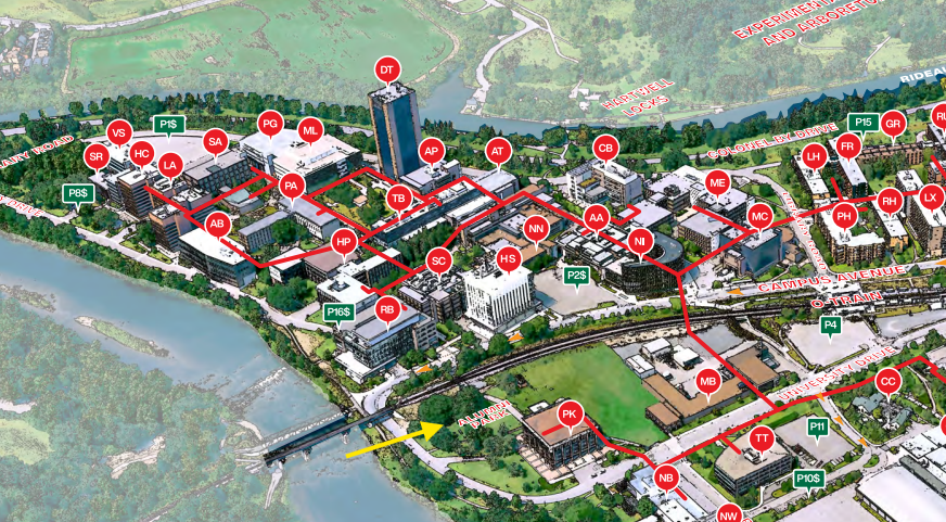 A map of campus highlighting the location of Alumni Park, beside Pigiarvik.