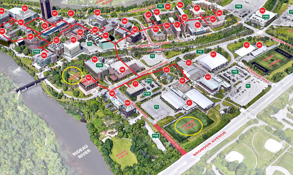 A map of campus that points out Alumni Park, near Pigiarvik, and Raven Field, behind the Carleton Advanced Capital Ice House