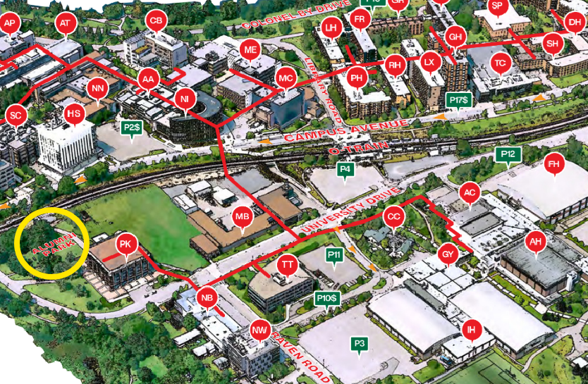  A map of campus that points out Alumni Park, near Pigiarvik.