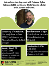 photo of Dylan Robinson guest lecturer with decorative colour and 4 boxes listing two events