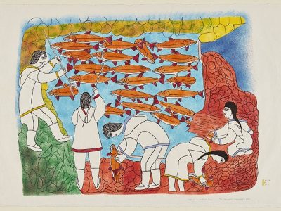 Janet Kigusiuq. Fishing in a Rock Dam, 1981. Linocut and colour stencil on paper, Sheet: 63.9 × 94.7 cm. Gift of Samuel and Esther Sarick, Toronto, 2002. © Public Trustee for Nunavut, Estate of Janet Kigusiuq Uqayuittuq 2002/10566