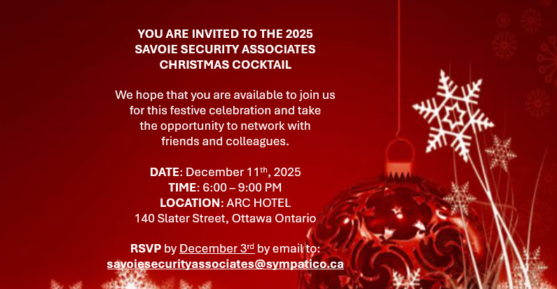 Invitation graphic for the 2025 Savoie Security Associates Inc. – IRRG Christmas Social and Networking Event