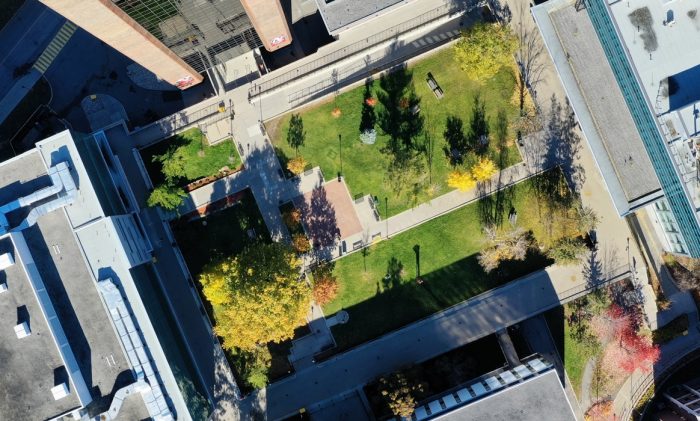 An aerial image of the the Tory Quad on a fall day.