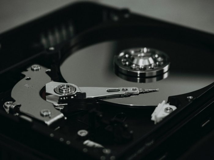 A closeup image of a hard disk.