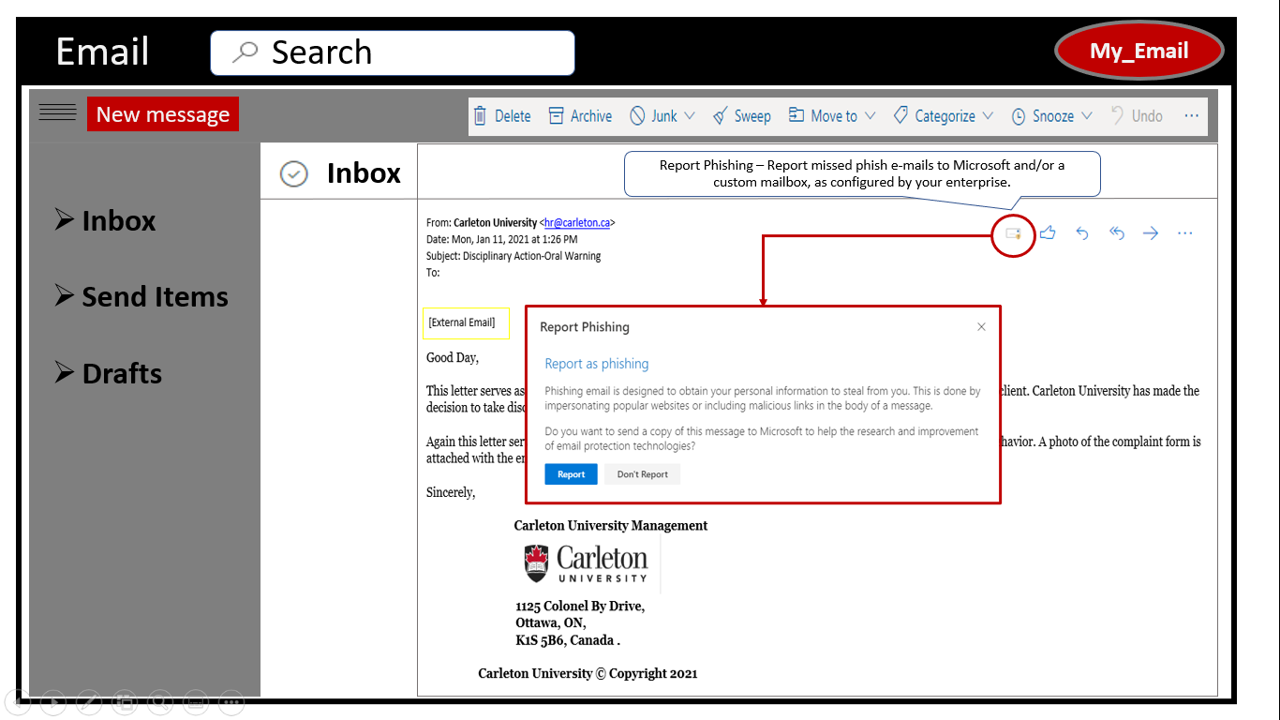 Online view of the phishing button: on top right