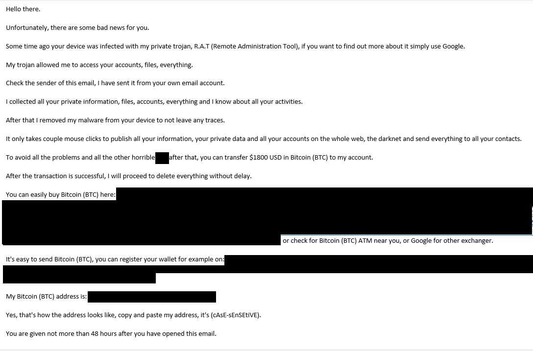 The text of an extortion email.