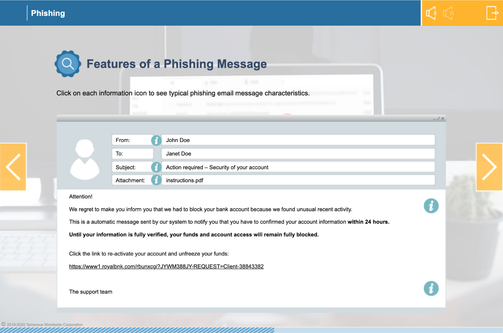 A screen detailing features of a phishing message.