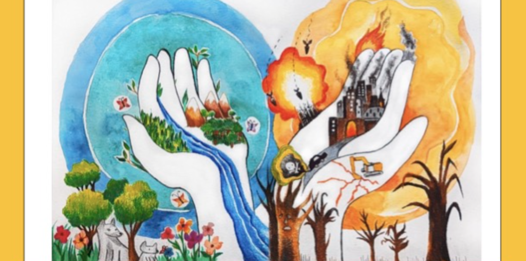 Painting of two hands reaching for the sky, from the Landon Pearson Centre for the Study of Childhood and Children's Rights.