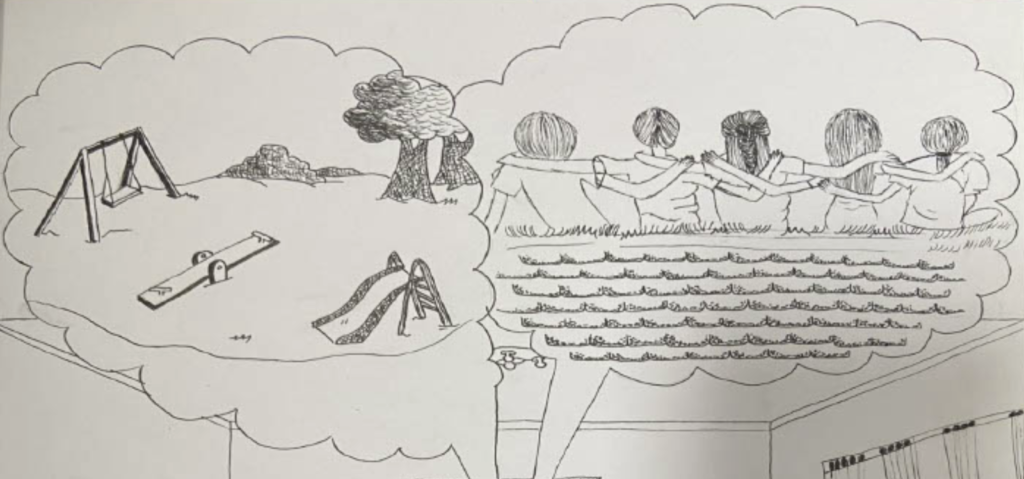 Kid drawing of a park and people hugging.