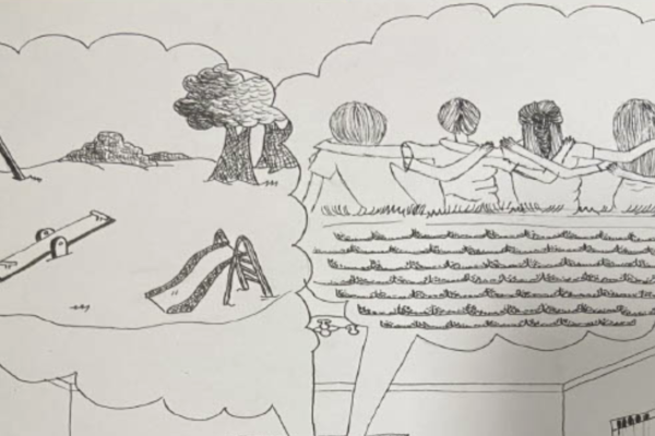 Kid drawing of a park and people hugging.