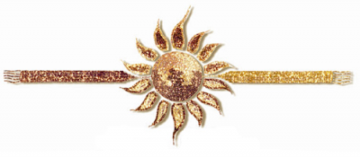 gold sun on a horizontal band of gold (logo)