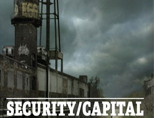 Book cover image: armed military walk down railway by old factory