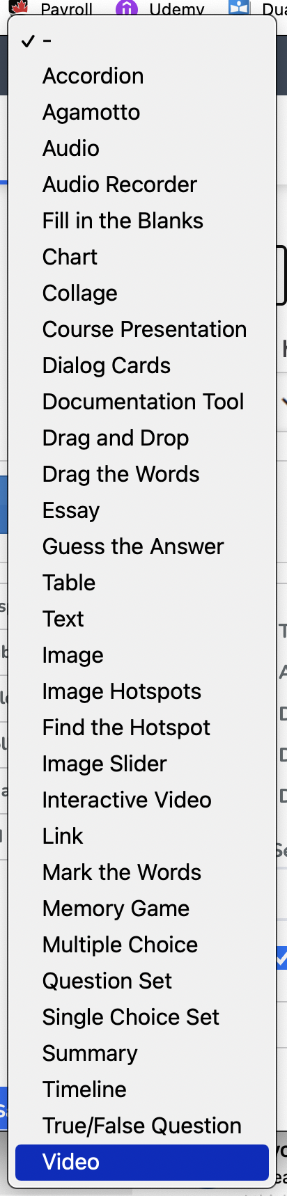 screenshot of list of activity types in column (default not alphabetic)