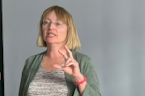 Marie-Odile Junker speaks to group