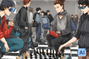 Generated with AI. Group of students gathered around playing chess.