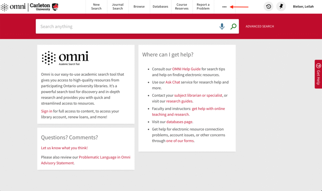 Screenshot of OMNI page on Library website