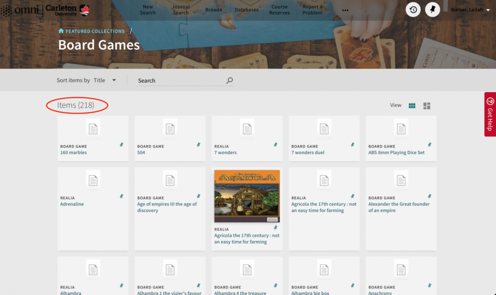 Screenshot of board game collection