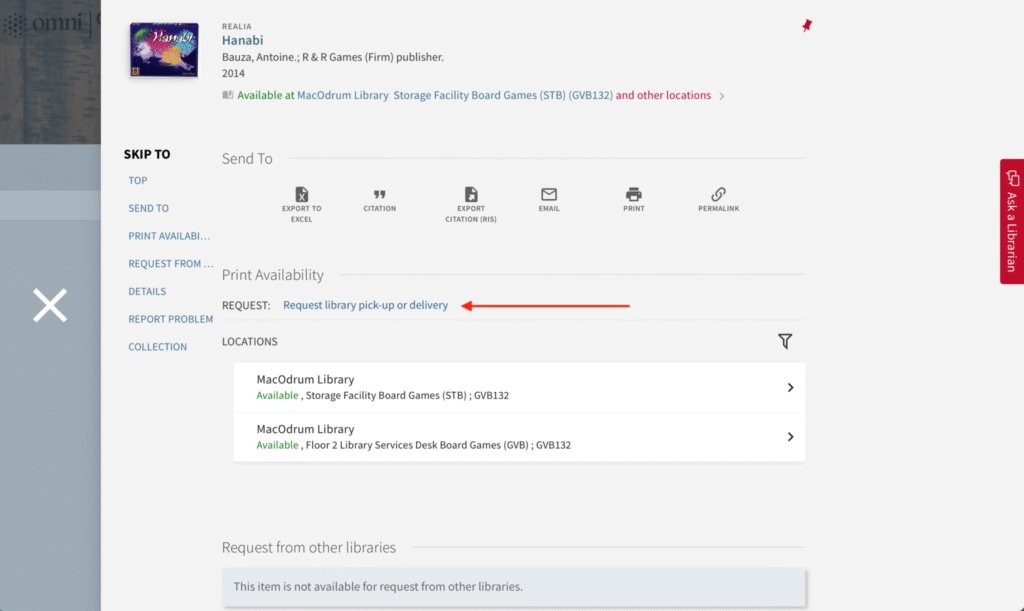 Screenshot of board game request