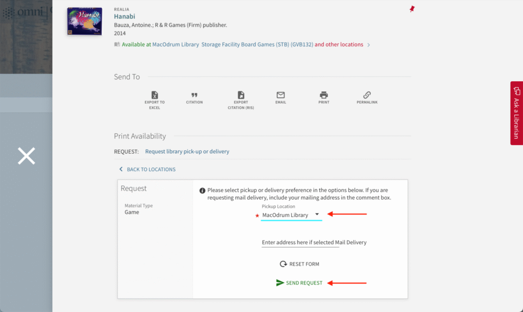 Screenshot of board game request