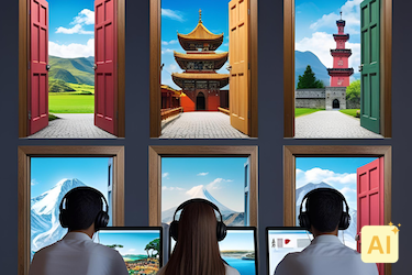 Three students seated at computers. On the wall in front of them, they see doors opening to different cultures.