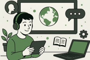 Boy with headphones sits at a table with a tablet. A screen with an image of the earth is in the background.