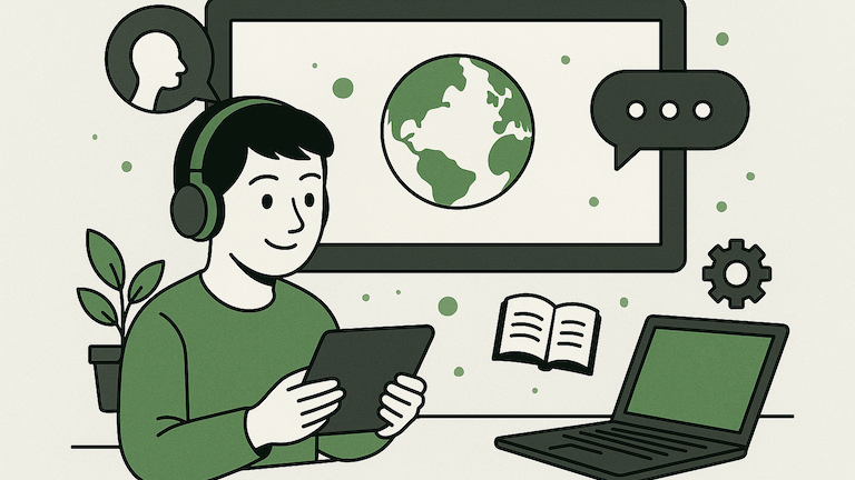 Boy with headphones sits at a table with a tablet. A screen with an image of the earth is in the background.