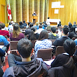 View of the crowd at the Japanese Speech Contest from the back of the room.