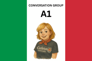 Italian Conversation A1 with picture of Marcella on Italian flag