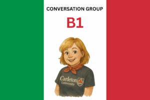 Italian Conversation B1 with picture of Marcella on Italian flag