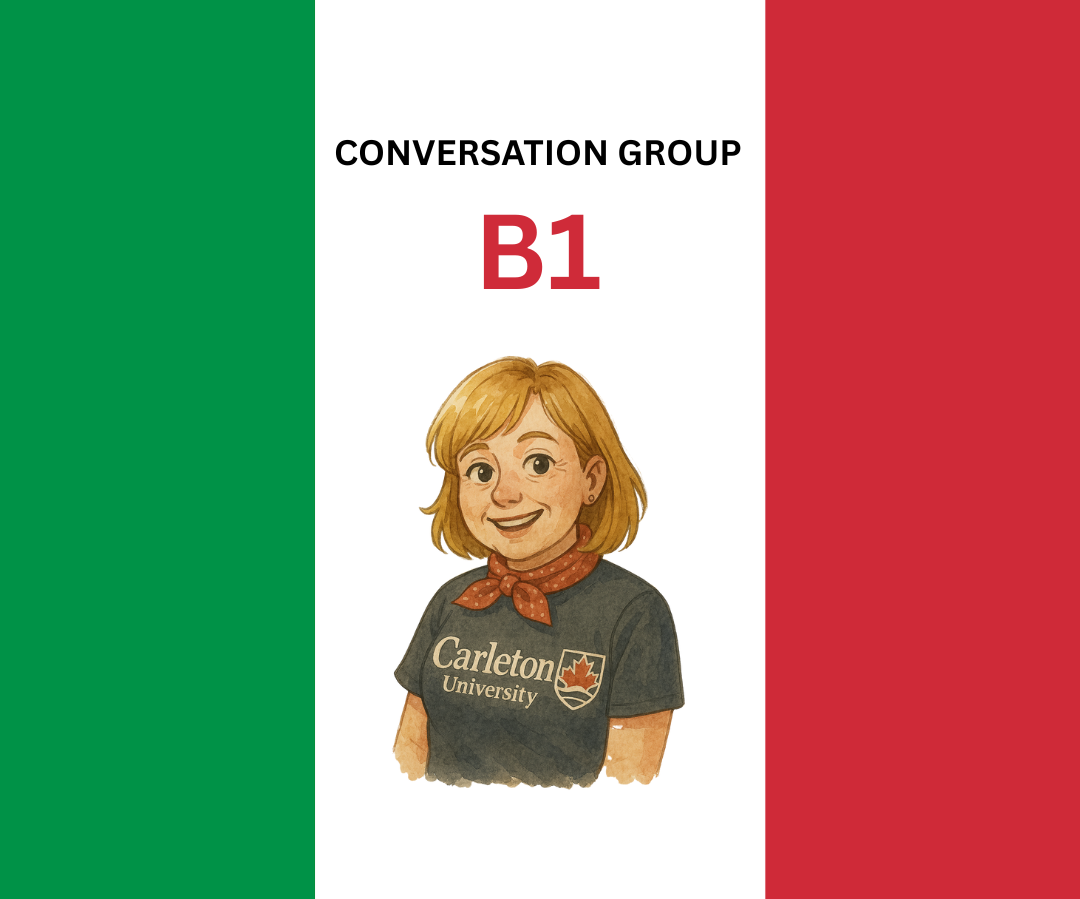 Italian Conversation B1 with picture of Marcella on Italian flag
