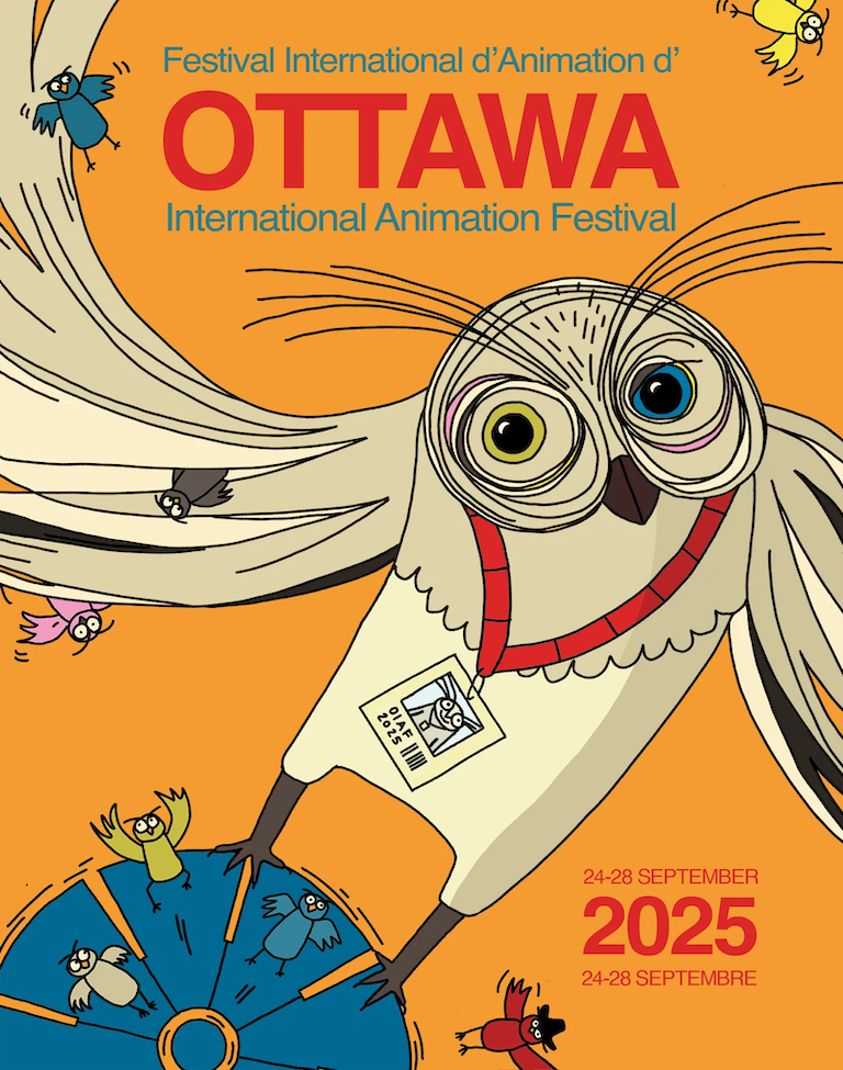 Poster for Ottawa International Animation Festival. Shows an owl wearing a volunteer lanyard.