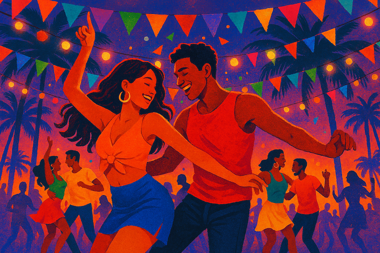 Couple dancing under colourful flags