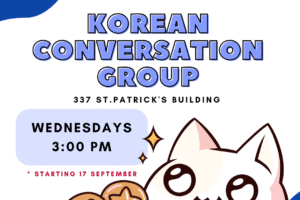 Korean conversation group with cat holding lollipops
