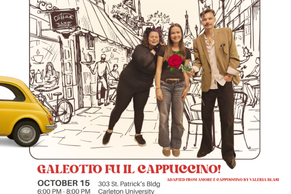 Galeotto fu il cappuccino. One man, one woman, one cat set against a backdrop of a city street. A Fiat 500 drives off the lefthand edge.