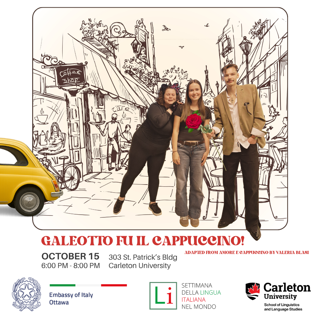 Galeotto fu il cappuccino. One man, one woman, one cat set against a backdrop of a city street. A Fiat 500 drives off the lefthand edge.