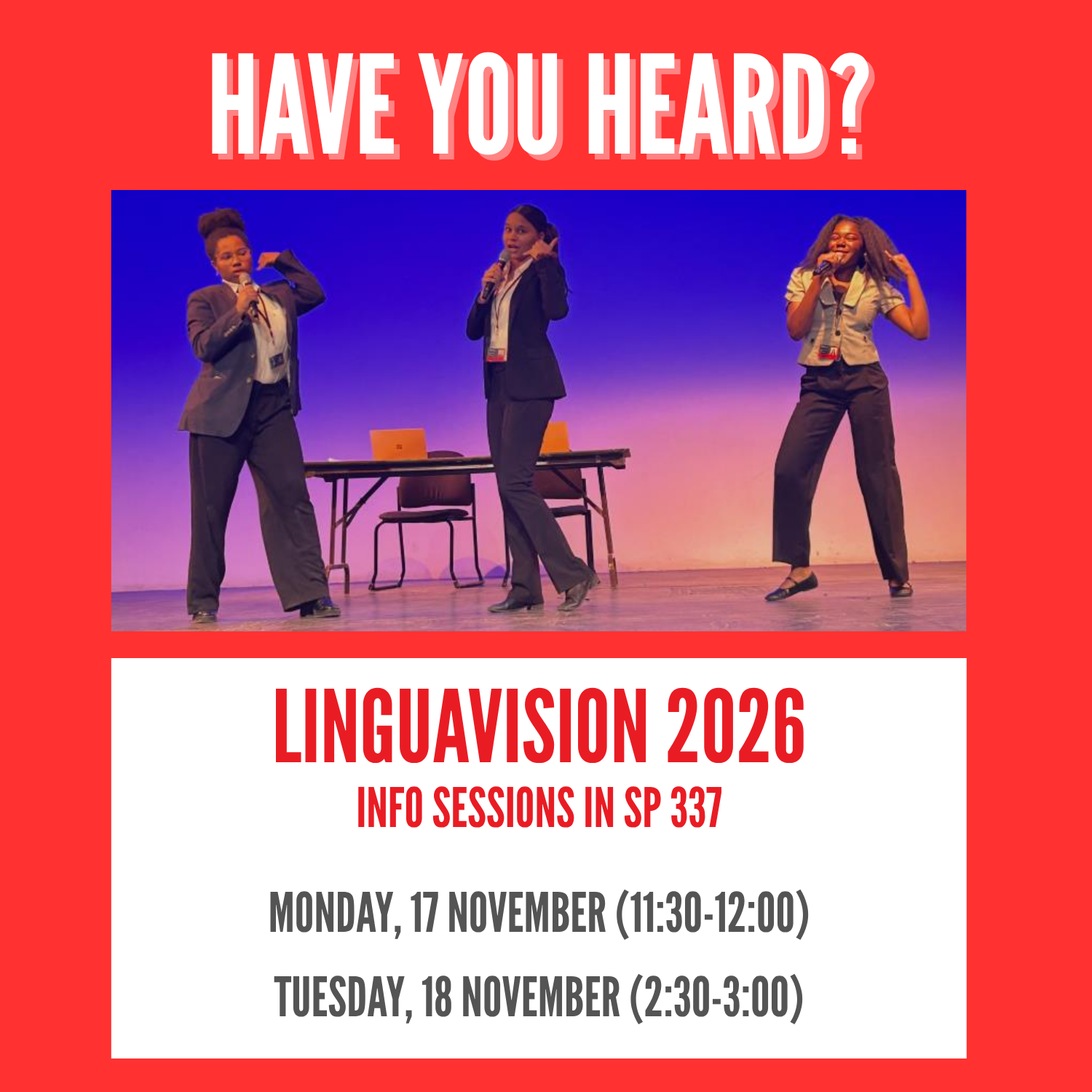 Have you heard? Linguavision 2026 Info sessions: 17 November (11:30-12:00) and 18 Novembver (2:30-3:00)