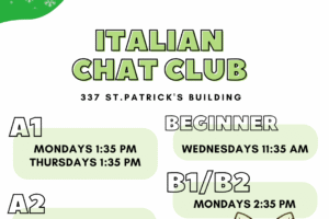 Italian chat club shows session times and three cats in the colours of the Italian flag