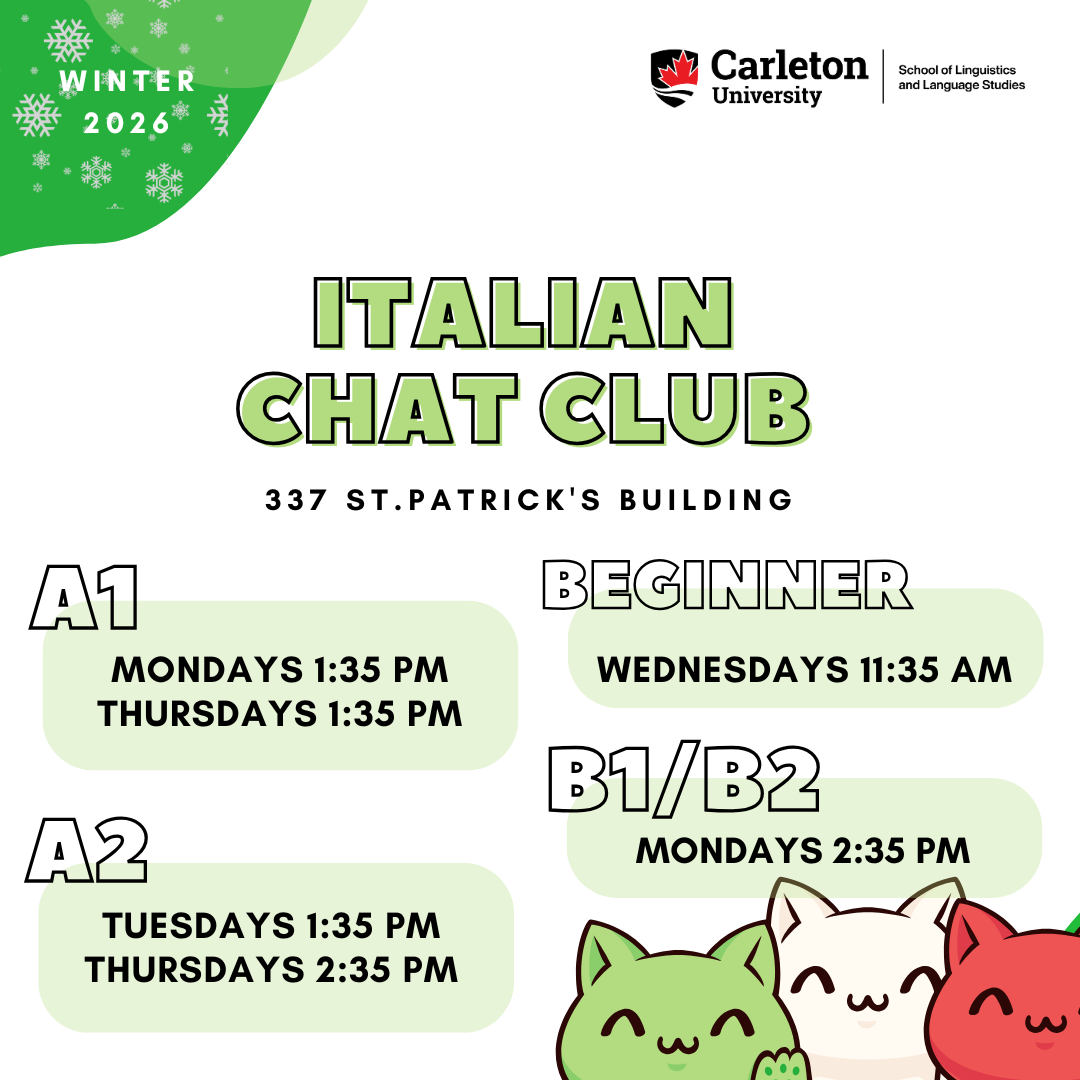 Italian chat club shows session times and three cats in the colours of the Italian flag