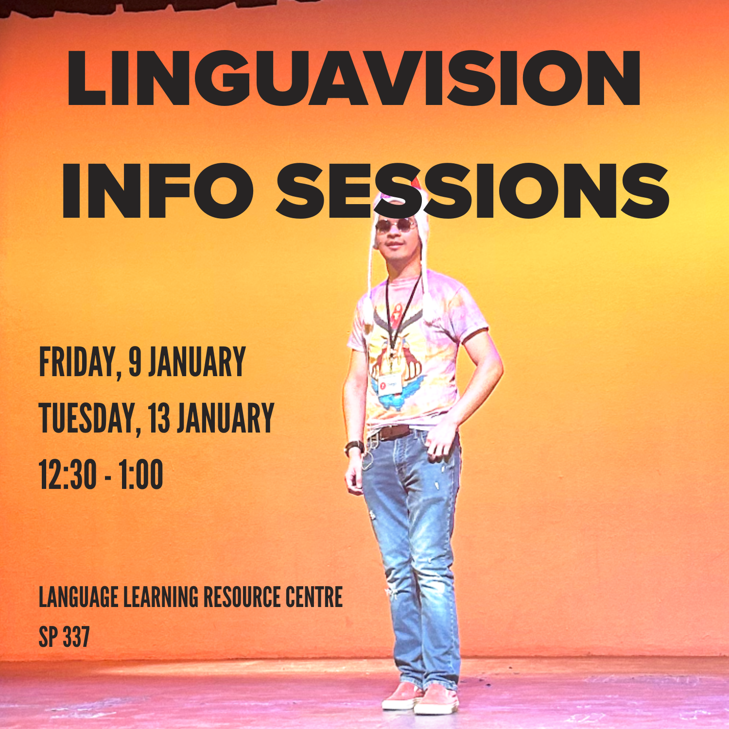 Linguavision Info Sessions poster shows Diego standing on the stage in a toque and sunglasses