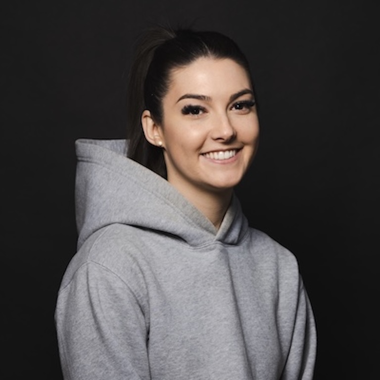 Julia in a hoodie.