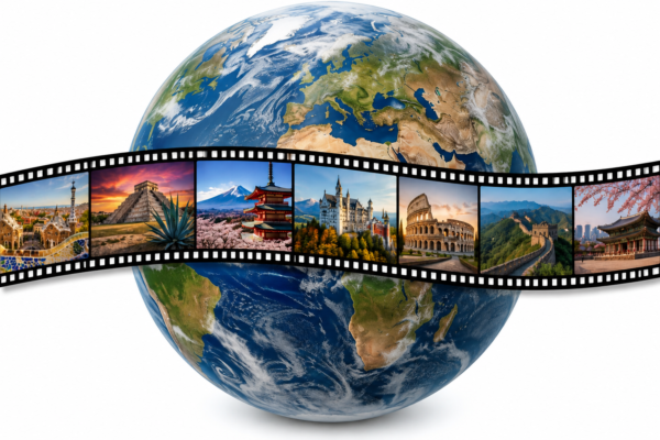Earth with a strip of film in front of it.