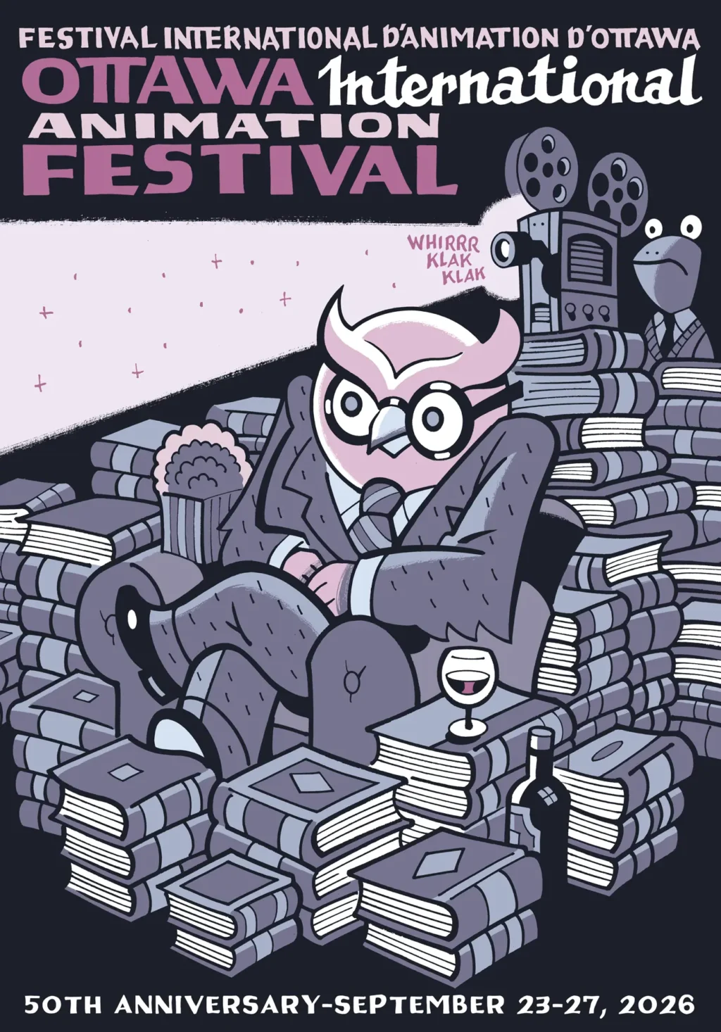 Ottawa international Animation Festival shows owl in a tux sitting in a film screening surrounded by books and wine. A turtle appears to be the projectionist.