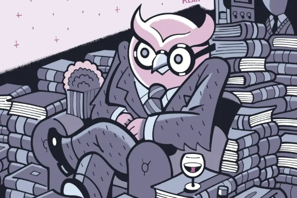 Ottawa international Animation Festival shows owl in a tux sitting in a film screening surrounded by books and wine. A turtle appears to be the projectionist.