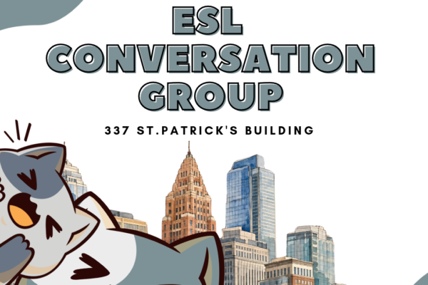 ESL Conversation Group shows cats shouting in front of city skyline