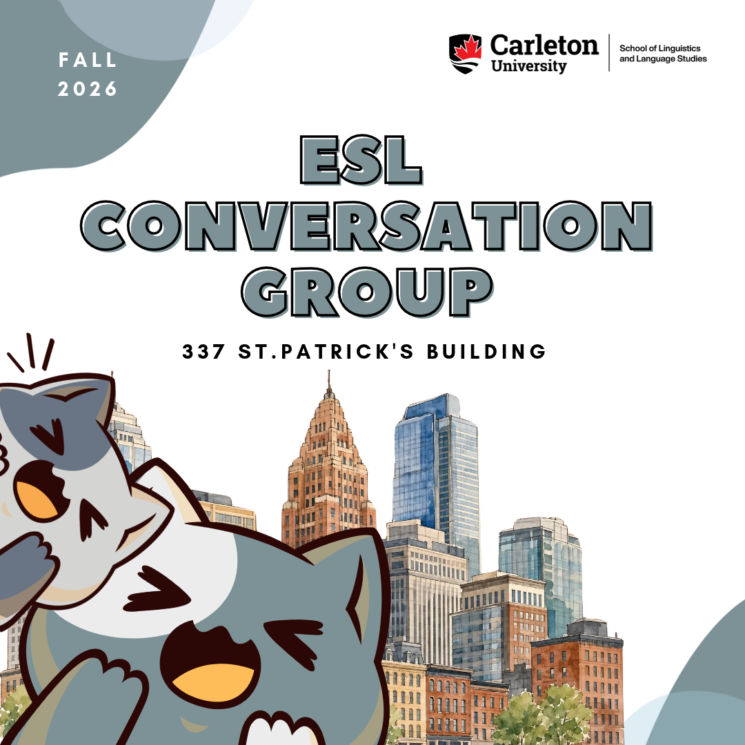 ESL Conversation Group shows cats shouting in front of city skyline