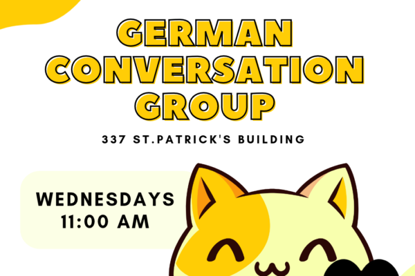 Yellow cat waving welcomes you to German Conversation Group