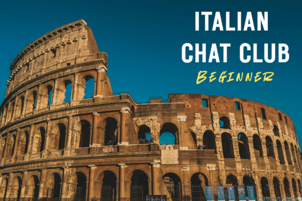 Italian Chat Club (Beginner) superimposed on the Colosseum