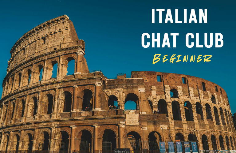 Italian Chat Club (Beginner) superimposed on the Colosseum