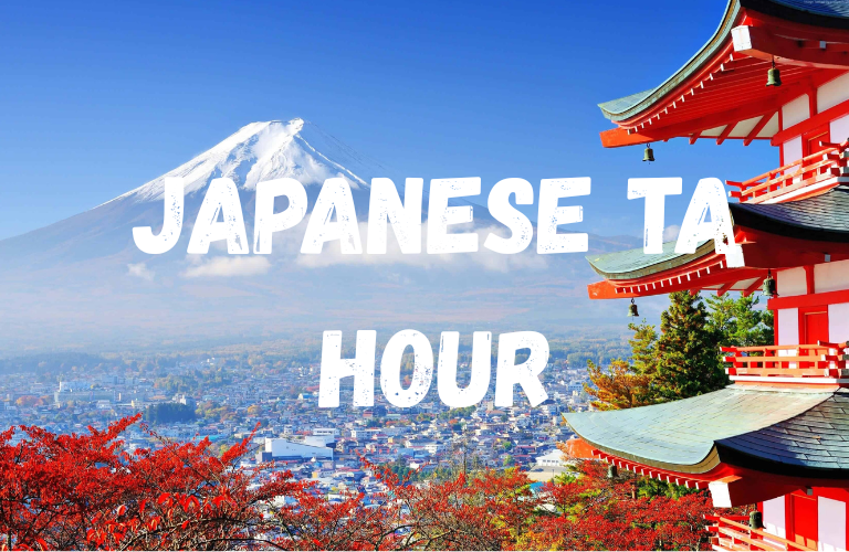 Japanese TA Hour in words on top of an image of Mt. Fuji and a traditional guest house